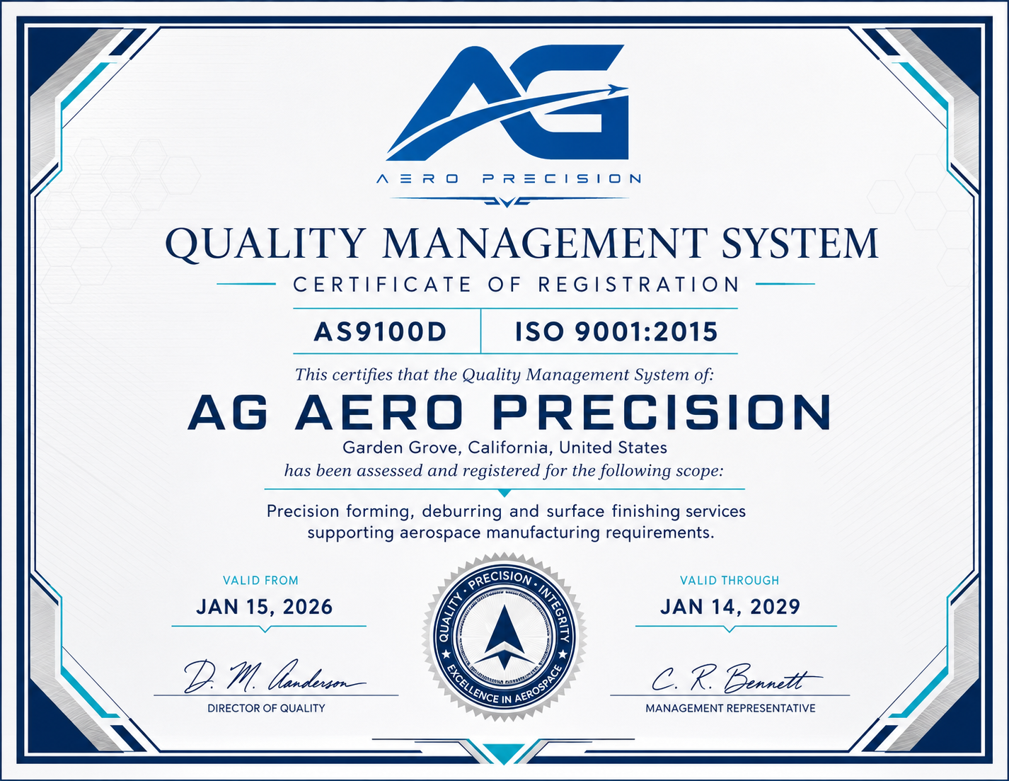 AG Aero Precision AS9100D certificate