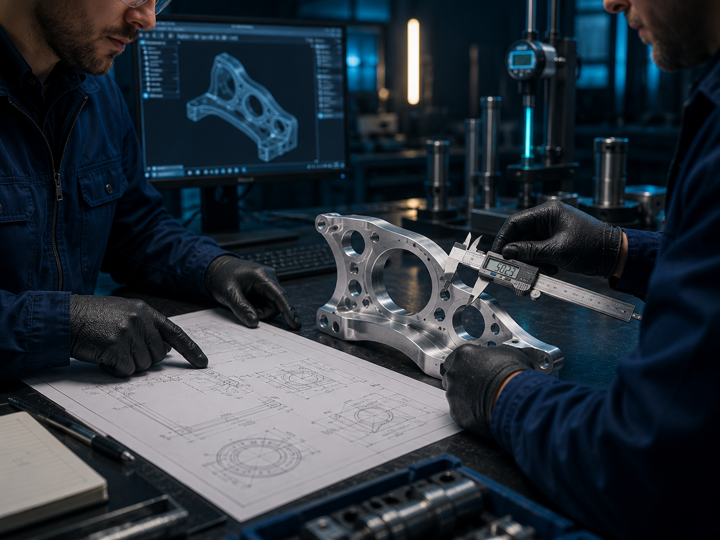 Technical professionals reviewing an aerospace component