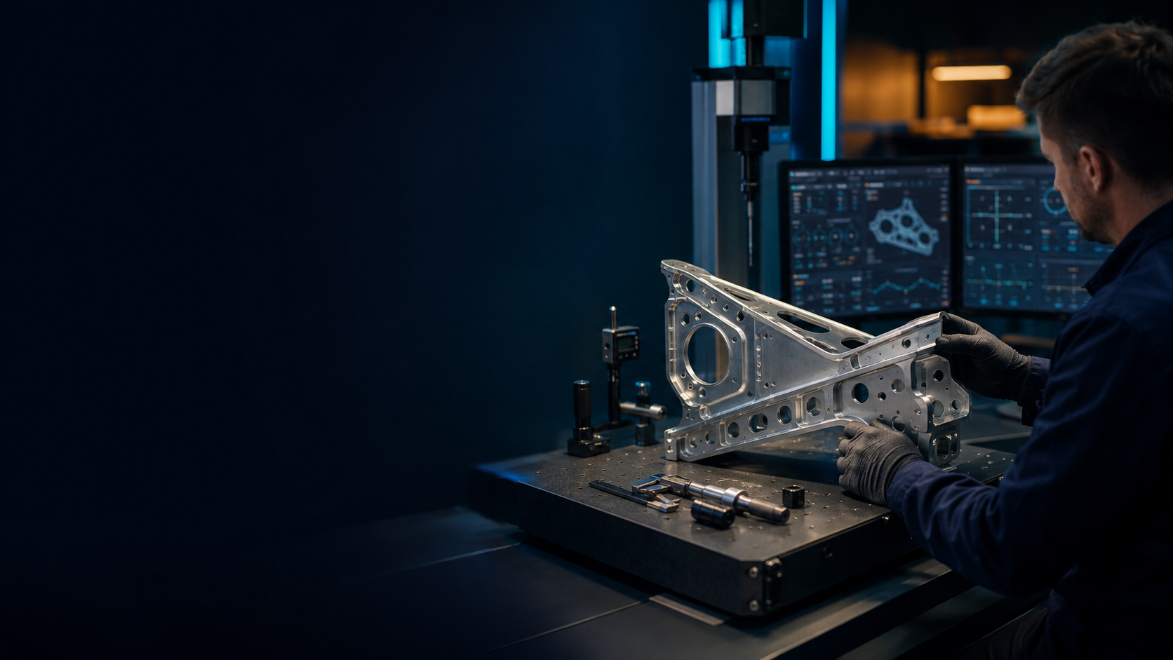 Aerospace quality technician inspecting a precision aluminum component