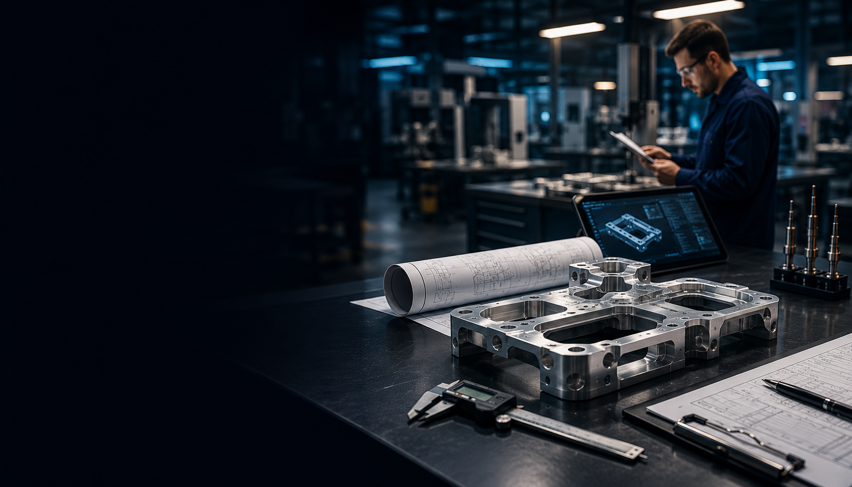 Precision aerospace component and engineering documentation on an inspection workstation