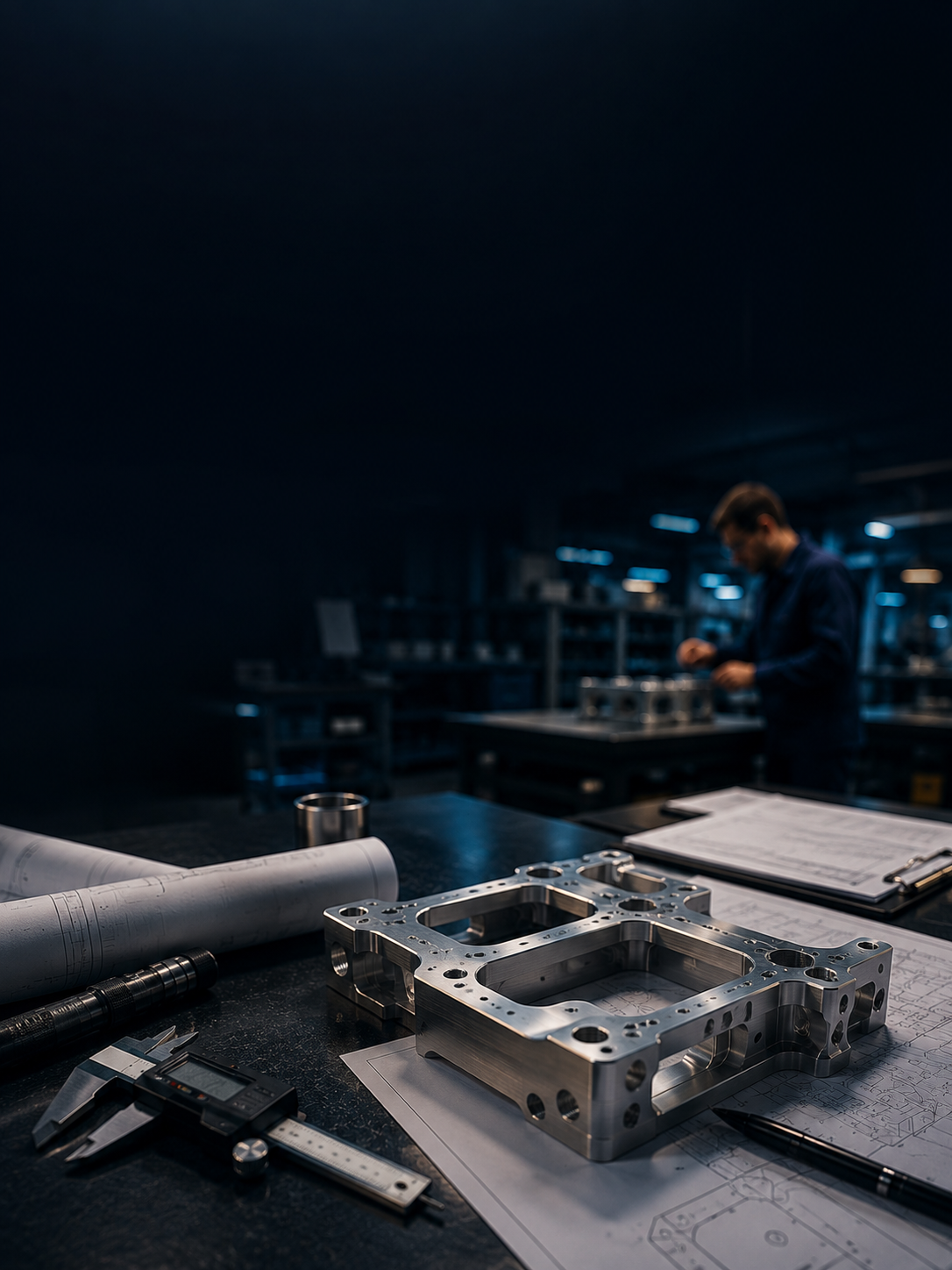 Precision aerospace component and engineering documentation on an inspection workstation
