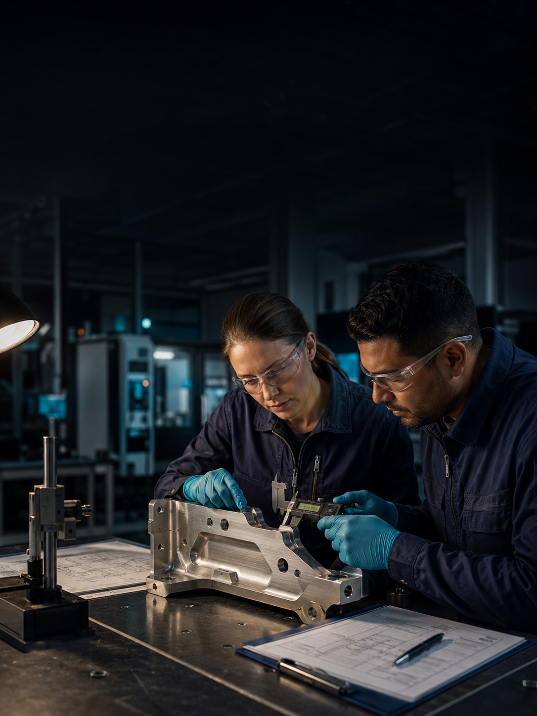Quality engineer reviewing a precision component and technical drawing