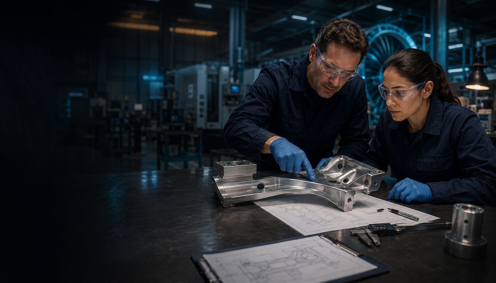 Quality engineer reviewing a precision component and technical drawing
